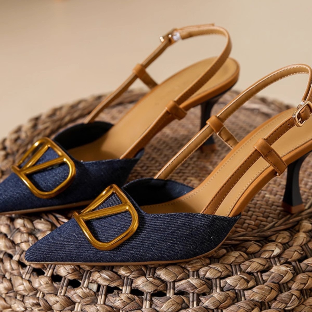 Thined-heeled denim high heels